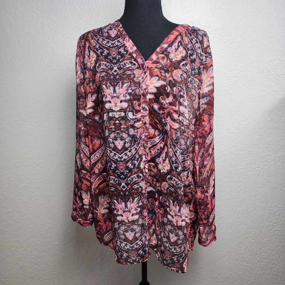 Soft Surroundings Tunic Top Women Large Button Lagenlook Sheer Floral Tasha Long